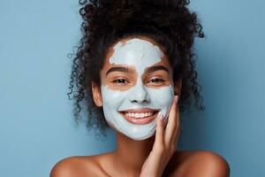 AI generated Headshot of cheerful girl with white clay mask, touches face photo