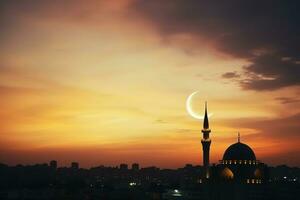 ai generado un mezquita en noche y Luna en antecedentes Ramadán kareem celebracion foto