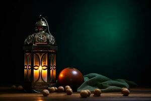 AI generated Ornamental Arabic lantern glowing on table for Muslim holy month Ramadan Kareem photo