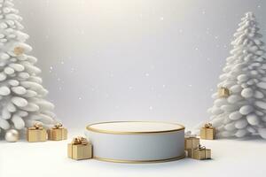 AI generated 3d rendered white and snowy Podium display for merry Christmas event photo