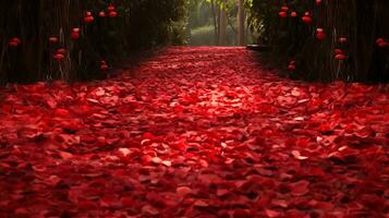 AI generated Red rose petals fall on the ground in the forest. Red background photo