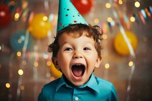 ai generado fiesta sombrero desfile niño la risa y alegría en cumpleaños felicidad foto