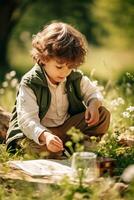 ai generado naturaleza explorador niño carroñero cazar aventuras en al aire libre Tiempo de juego alegría foto