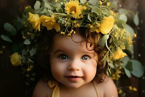 ai generado pétalo princesa dulce bebé adornado en un flor aureola foto