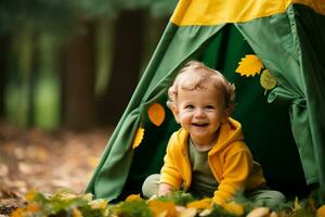 ai generado minúsculo explorador del niño bosque mundo maravilloso en jugar tienda foto