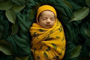 AI generated Botanical Beginnings Sweet Newborn Wrapped in Leafy Blanket photo