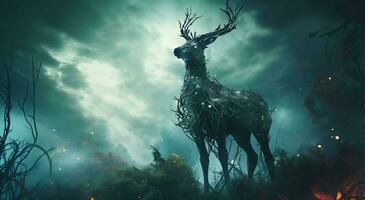 AI generated Scary futuristic animals under the sky around the forest deer turned into tree branches photo