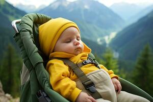 ai generado sendero Sueños bebé siesta en comodidad en un caminata foto