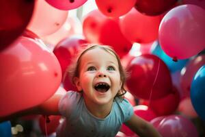 ai generado globo cascada niño sorpresa y deleite en cumpleaños felicidad foto
