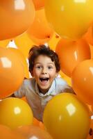 ai generado globo cascada niño sorpresa y deleite en cumpleaños felicidad foto