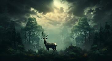 AI generated A deer stands under a sky of trees around the forest photo