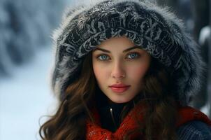 AI generated Beautiful Russian Slavic girl with a fur hood photo