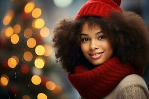 AI generated Black woman wearing scarf and hat at Christmas near Christmas tree photo