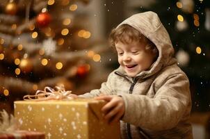 AI generated Boy with Down syndrome opening a Christmas present photo