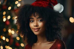 ai generado negro mujer a Navidad cerca el Navidad árbol foto