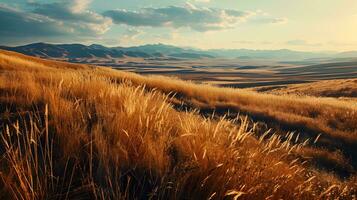 ai generado majestuoso montaña ver con dorado pradera primer plano foto