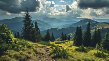 AI generated Lush Forest Pathway Under Gleaming Sunset Rays photo