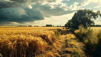 ai generado dramático Cloudscape encima dorado trigo campo camino foto