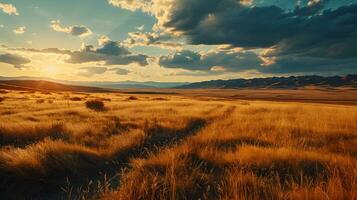 AI generated Golden Sunset Over Serene Prairie Landscape photo