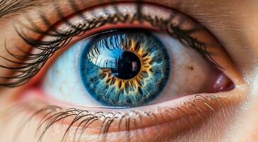 AI generated close up of eye, close up of a female eye, colored eye background, female eye background photo