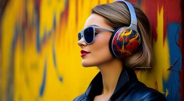 AI generated pretty fashion girl on abstract background with headphones, girl listening to music with headphones, fashion girl on abstract background photo