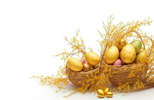 AI generated Easter golden eggs and willow twig on white background photo