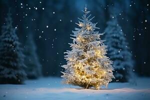 AI generated illuminated pine christmas tree snowy forest night photo