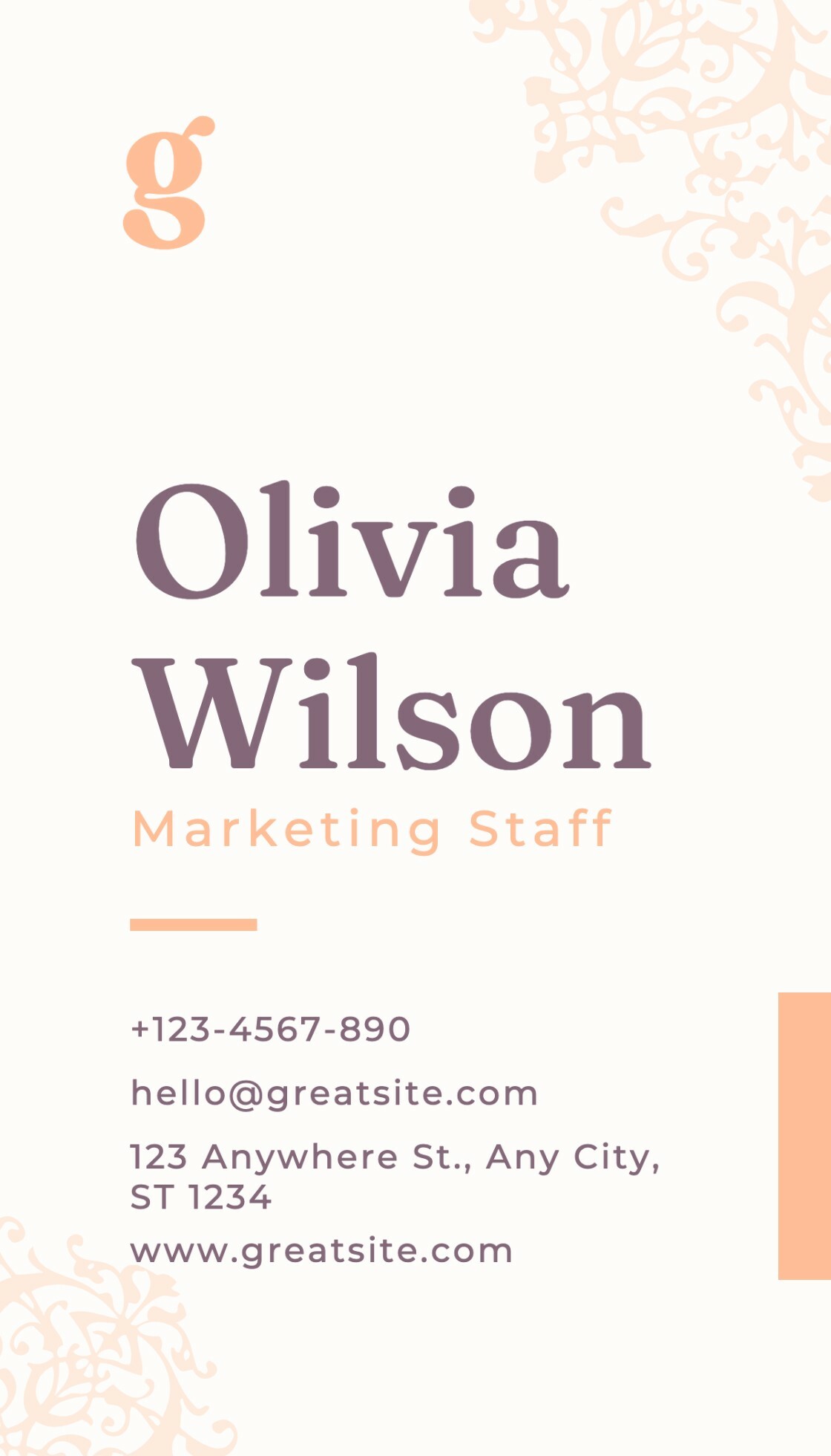 Peach and White Elegant Business Card Vertical