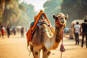 AI generated Camel on a leash for tourists in egypt generative AI photo