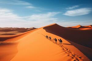 AI generated Vertical shot of people riding camels on a sand generative ai photo