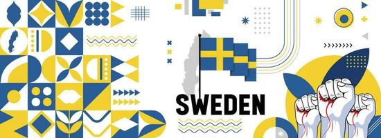 Sweden national or independence day banner for country celebration. Flag and map of Swedish with raised fists. Modern retro design with typorgaphy abstract geometric icons. Vector illustration