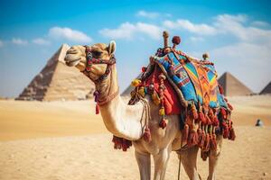 AI generated Camel on a leash for tourists in egypt generative AI photo