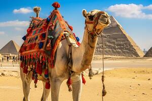 AI generated Camel on a leash for tourists in egypt generative AI photo
