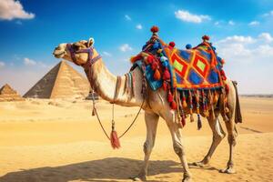 ai generado camello en un Correa para turistas en Egipto generativo ai foto