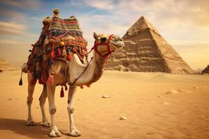 AI generated Camel on a leash for tourists in egypt generative AI photo