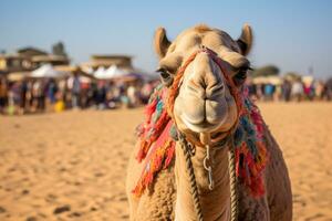 AI generated Camel on a leash for tourists in egypt generative AI photo
