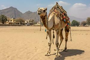 AI generated Camel on a leash for tourists in egypt generative AI photo