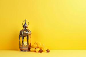 AI generated Arabic lantern glowing on yellow background holy month Ramadan Kareem photo