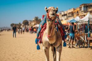 AI generated Camel on a leash for tourists in egypt generative AI photo