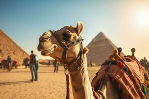AI generated Camel on a leash for tourists in egypt generative AI photo