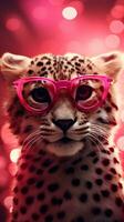 ai generado súper linda leopardo en amor vistiendo corazón forma rosado lentes. contento San Valentín día saludo tarjeta concepto. ai generado imagen foto