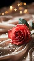 AI generated Red rose on the silk bedsheet. Happy Valentine's Day greeting card concept. AI generated image photo