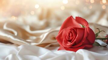 AI generated Red rose on the silk bedsheet. Happy Valentine's Day greeting card concept. AI generated image photo