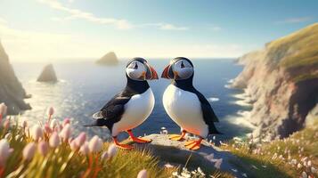 AI generated Two super cute puffins bird couple in love. AI generated image photo