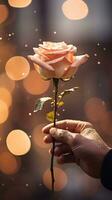 ai generado hombre mano participación un rosa, suave champán color antecedentes con Bokeh. contento San Valentín día tarjeta concepto. ai generado imagen foto