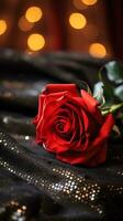 AI generated Red rose on the silk bedsheet. Happy Valentine's Day greeting card concept. AI generated image photo