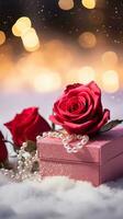AI generated Pink rose and a red velvet jewellery box. Happy Valentine's Day greeting card concept. AI generated image photo