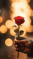 AI generated Man hand holding a rose, soft champagne color background with bokeh. Happy Valentine's day card concept. AI generated image photo