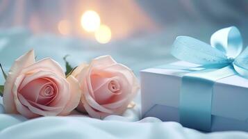 AI generated Pink rose and a blue gift box with white bow. Happy Valentine's Day greeting card concept. AI generated image photo