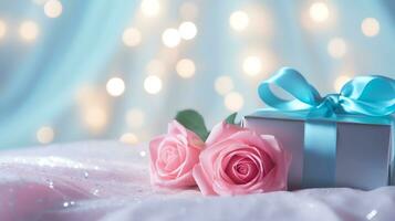 AI generated Pink rose and a blue gift box with white bow. Happy Valentine's Day greeting card concept. AI generated image photo